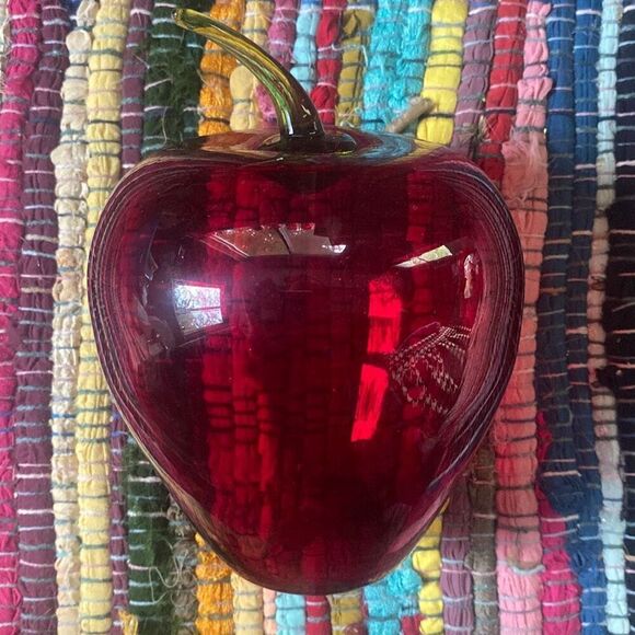Vintage Viking Rainbow Ruby glass LARGE JUMBO APPLE paperweight MCM green stem - Picture 6 of 6